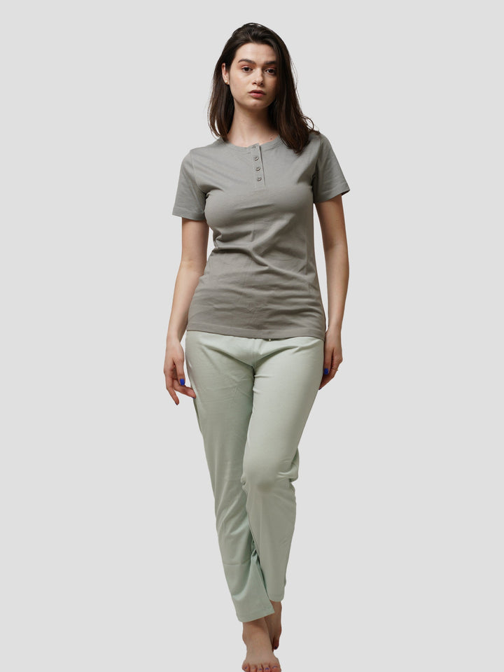 Women Button Facing short sleeve loungewear set - inteblu