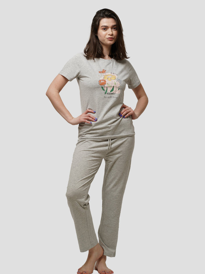 Women Crew Neck Cotton Short Sleeve Print Loungewear Pyjama Set - inteblu