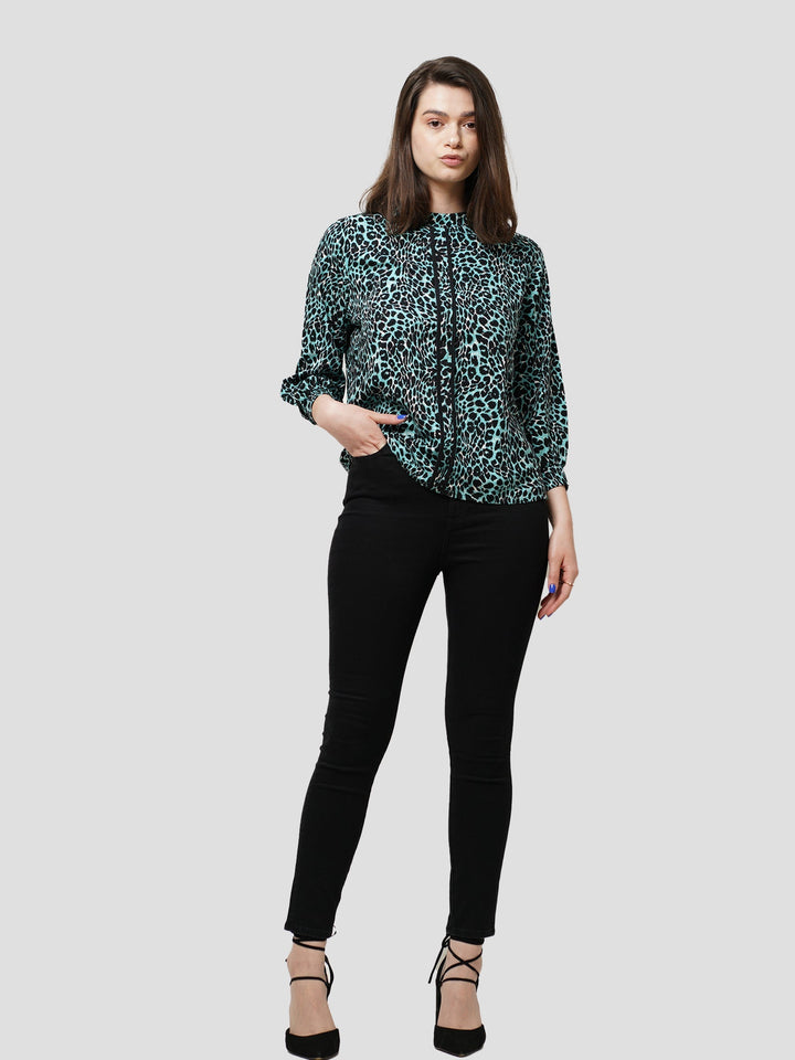 Women Green Animal Print Long Sleeve Shirt on Crape Fabrics - inteblu