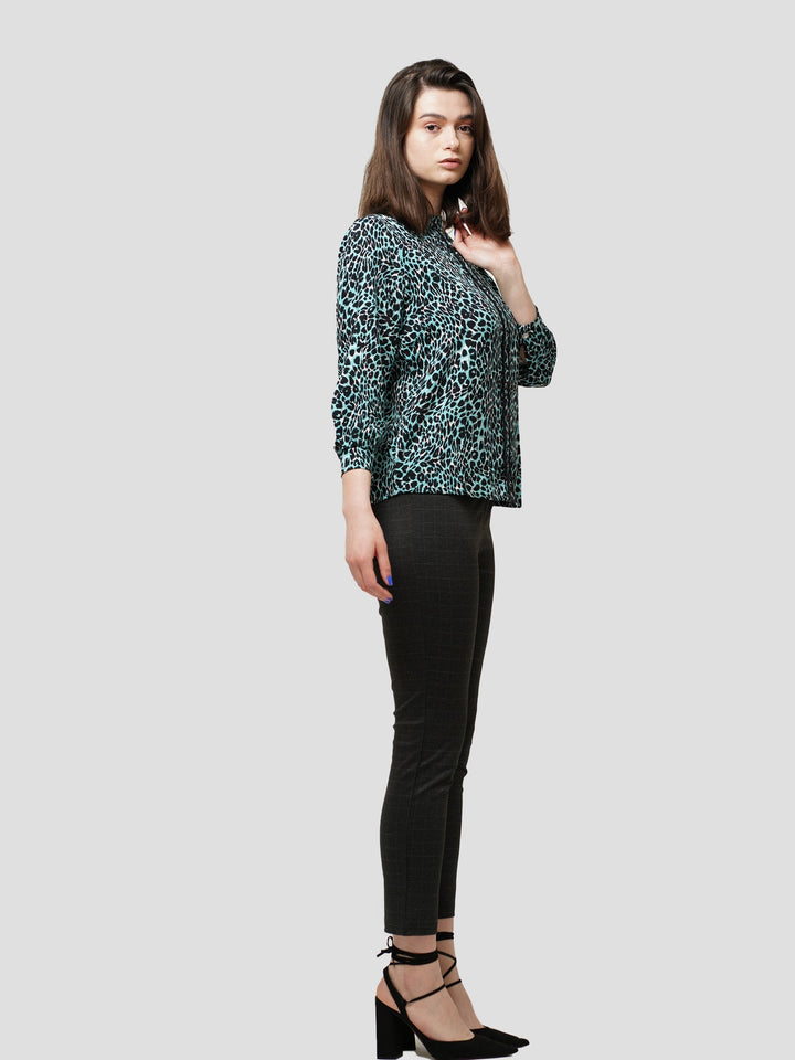 Women Green Animal Print Long Sleeve Shirt on Crape Fabrics - inteblu