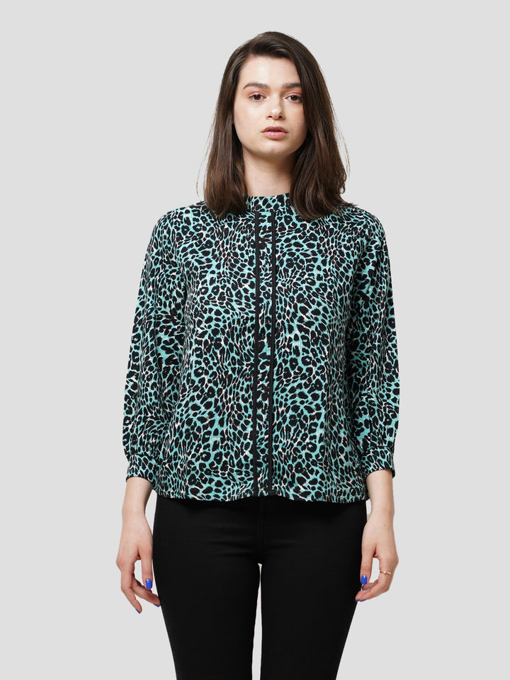 Women Green Animal Print Long Sleeve Shirt on Crape Fabrics - inteblu