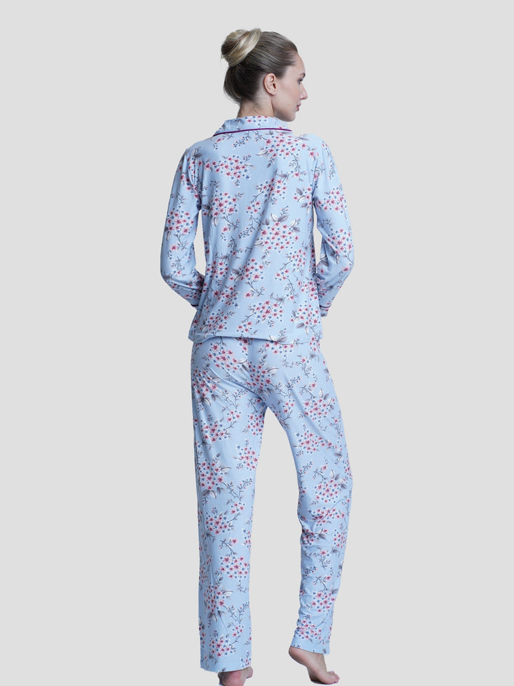 Women Notch-Collar Floral Print Top & Pants Pyjama Set - inteblu