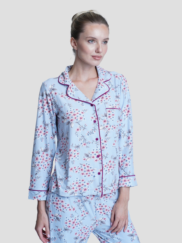 Women Notch-Collar Floral Print Top & Pants Pyjama Set - inteblu