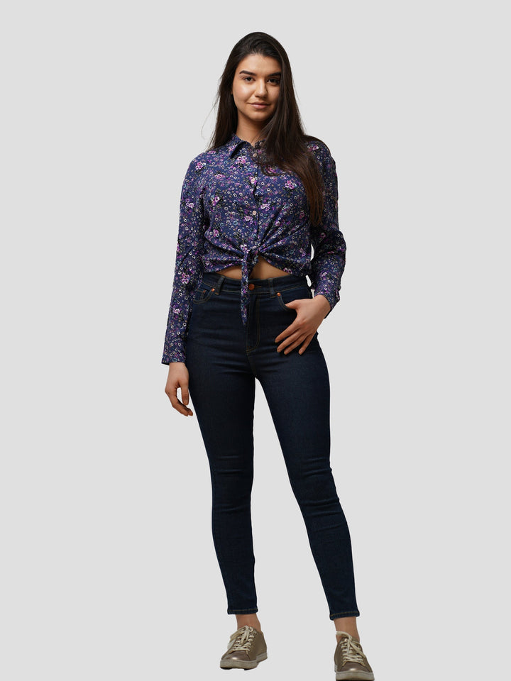 Women's Casual Full Sleeves print Crop Top Shirt - inteblu